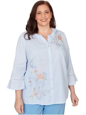 Alfred Dunner Light Blue Striped Embroidered Button-Down Top